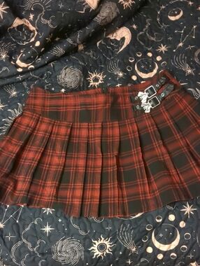 Killstar Red and Black Plaid Pleated Mini Skirt with Buckle Straps